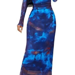 Elegant Blue Tie-Dye Long Sleeve Dress